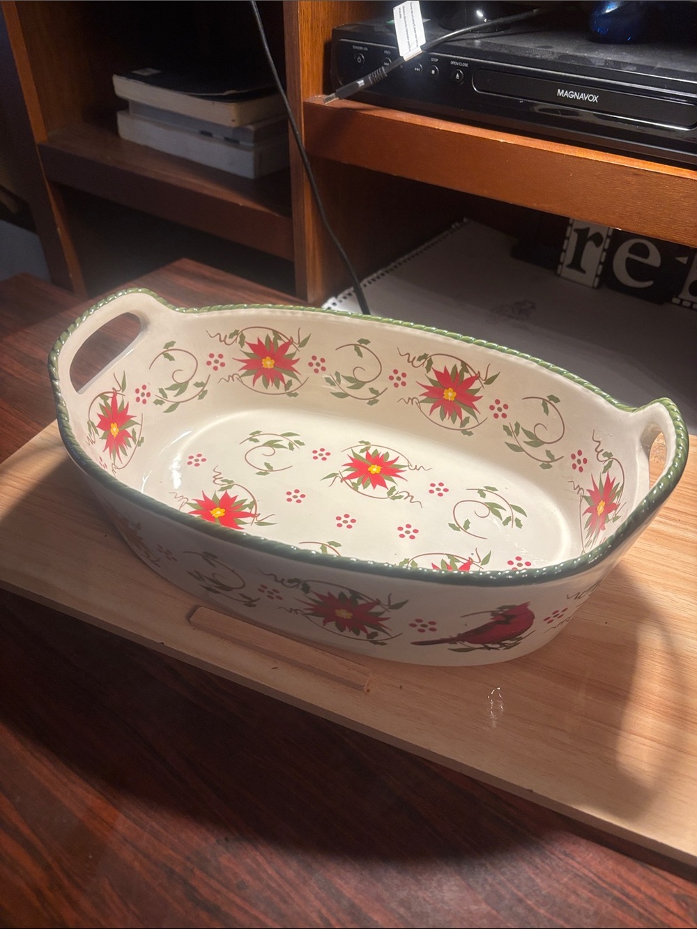 Temp-Tations Cream Ceramic Baking Casserole with Red Floral Design